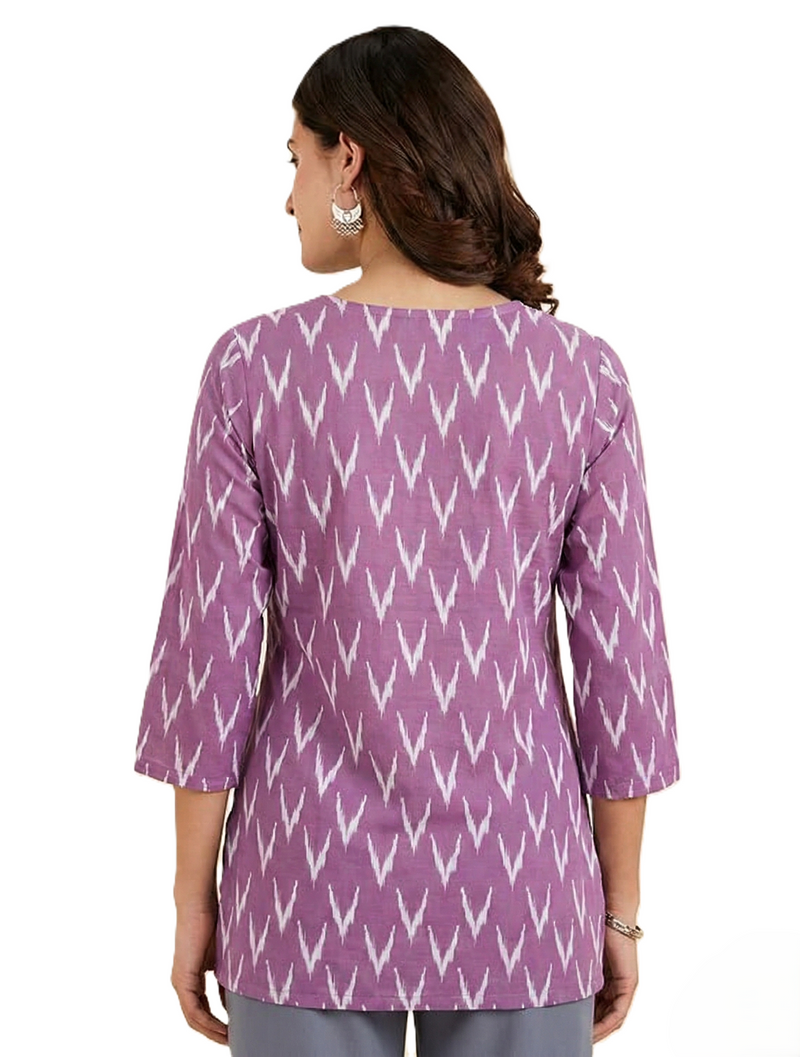 Lavender Purple Ikat Chevron Printed 3/4 Sleeves Round Neck Short Kurti