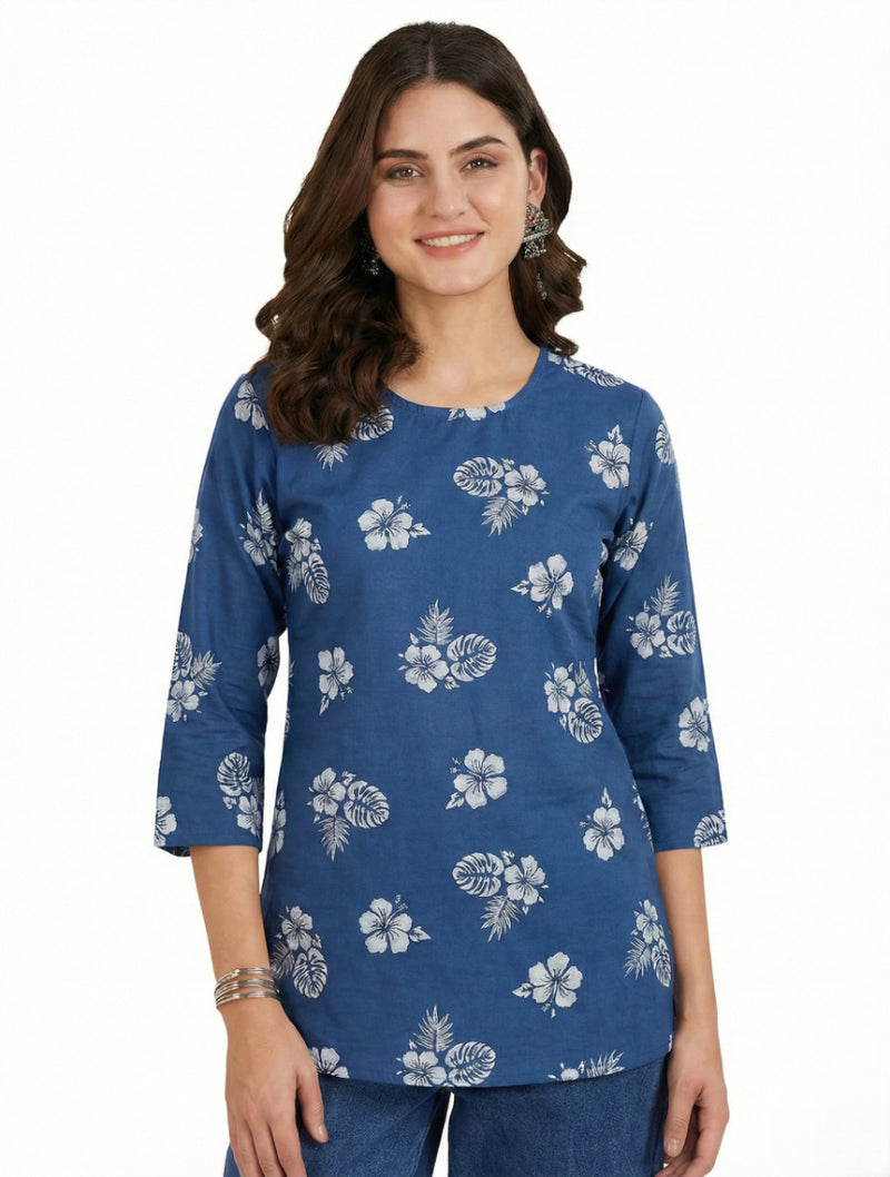 Blue White Hibiscus Floral Printed 3/4 Sleeves Round Neck Short Kurti