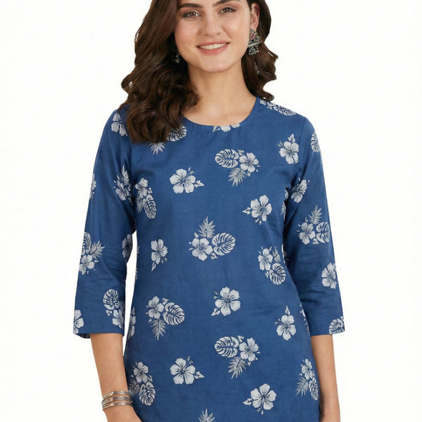 Women's Printed Short Kurti, 3/4 Sleeve, Cotton, Soft & Comfortable