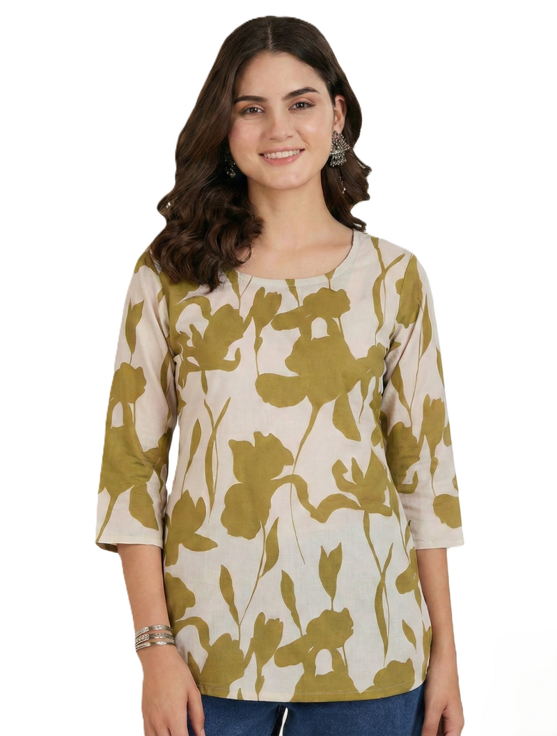 Beige Olive Green Large Floral Printed 3/4 Sleeves Round Neck Short Kurti