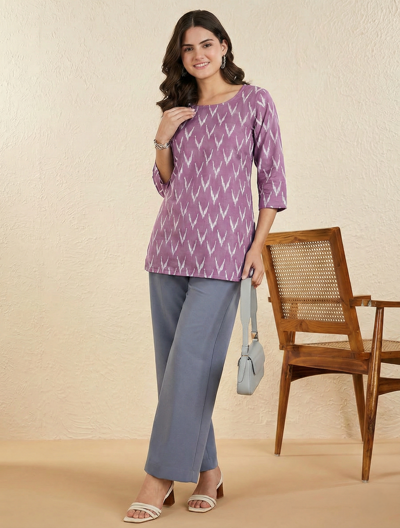 Lavender Purple Ikat Chevron Printed 3/4 Sleeves Round Neck Short Kurti