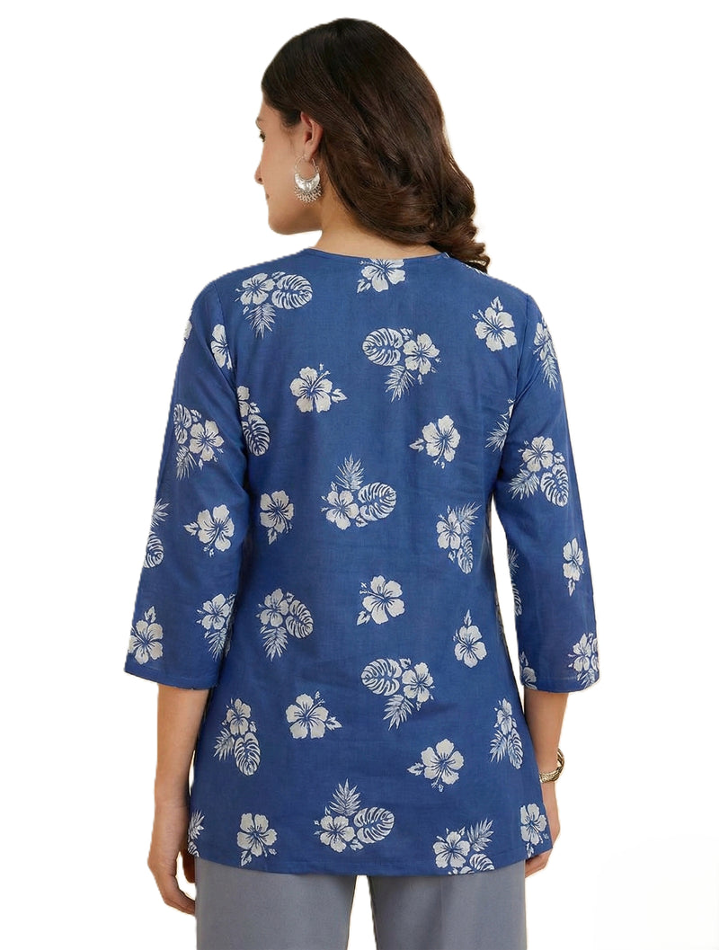 Blue White Hibiscus Floral Printed 3/4 Sleeves Round Neck Short Kurti