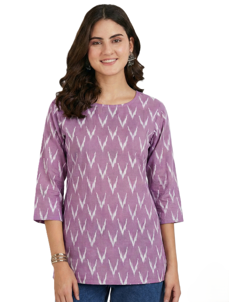 Lavender Purple Ikat Chevron Printed 3/4 Sleeves Round Neck Short Kurti