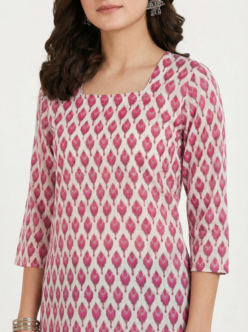 White Pink Ikat Booti Printed 3/4 Sleeves Square Neck Short Kurti
