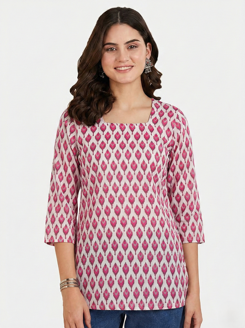 White Pink Ikat Booti Printed 3/4 Sleeves Square Neck Short Kurti