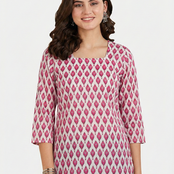 Women's Printed Short Kurti, 3/4 Sleeve, Cotton, Soft & Comfortable