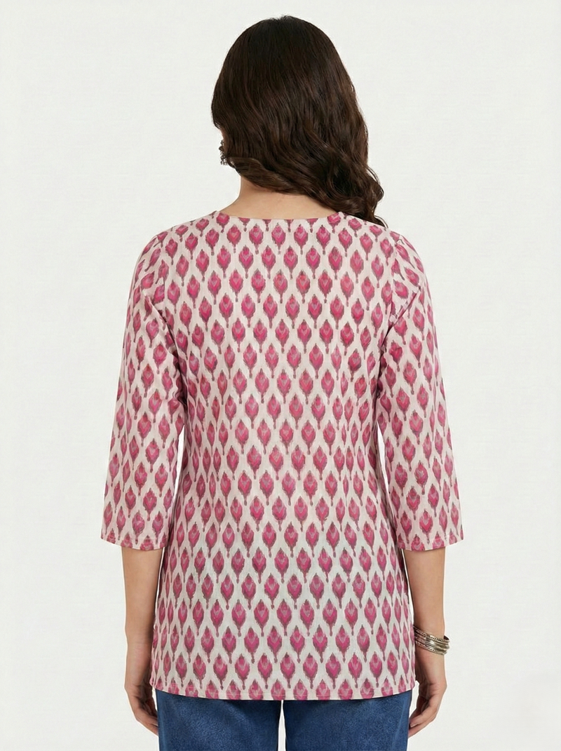 White Pink Ikat Booti Printed 3/4 Sleeves Square Neck Short Kurti