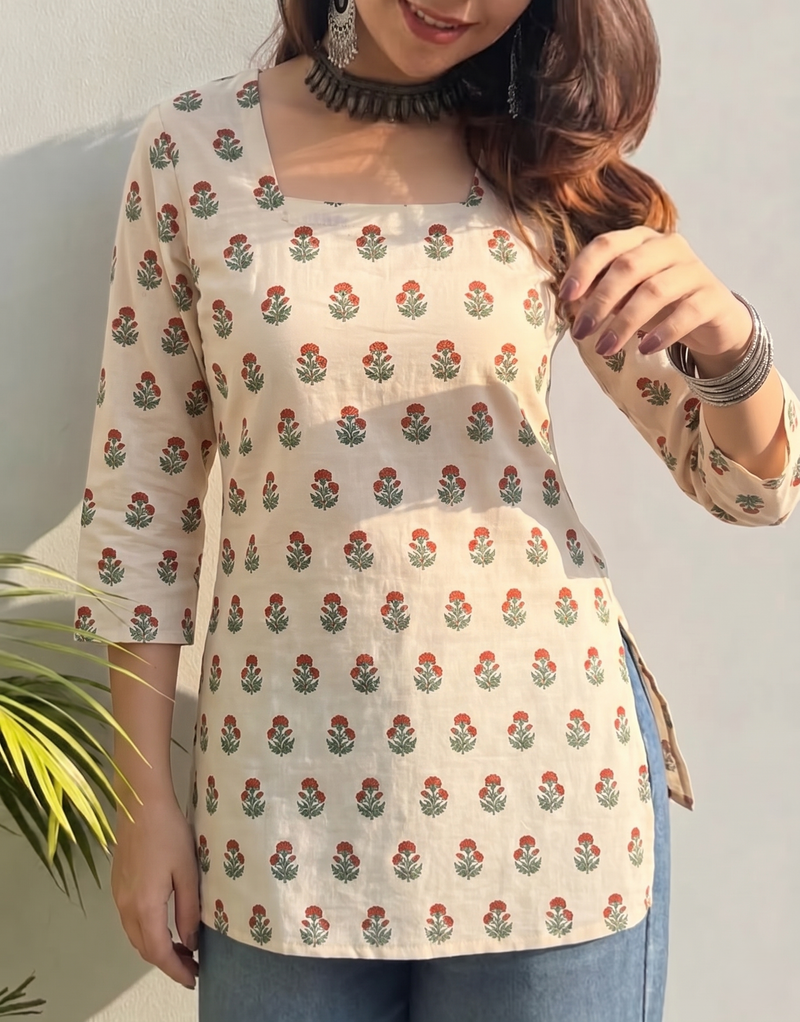 Cream Red Green Floral Booti Printed 3/4 Sleeves Square Neck Short Kurti