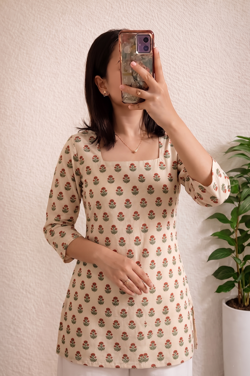 Cream Red Green Floral Booti Printed 3/4 Sleeves Square Neck Short Kurti