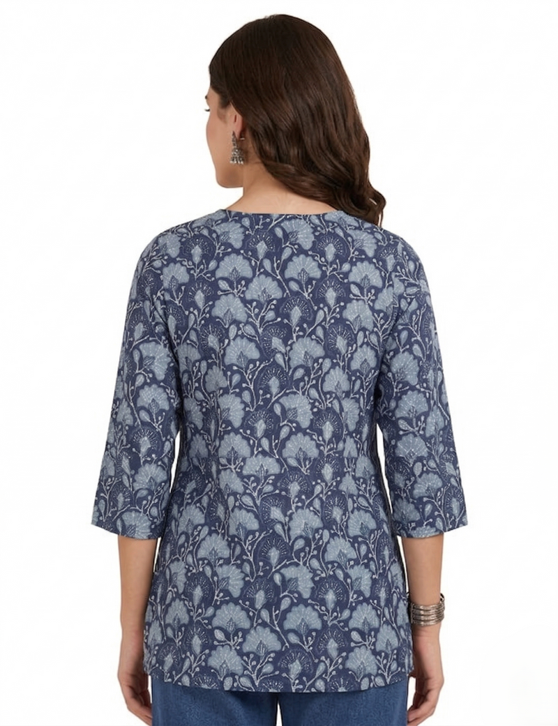 Navy Blue Floral Printed 3/4 Sleeves Square Neck Short Kurti