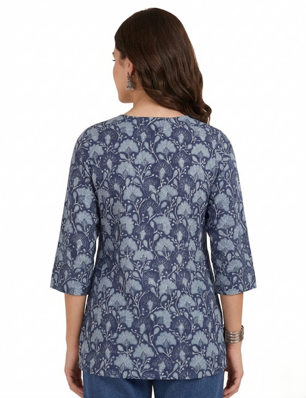 Navy Blue Floral Printed 3/4 Sleeves Square Neck Short Kurti