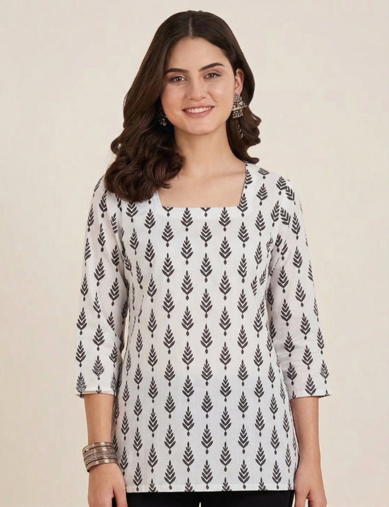 White Black Leaf Printed 3/4 Sleeves Square Neck Short Kurti
