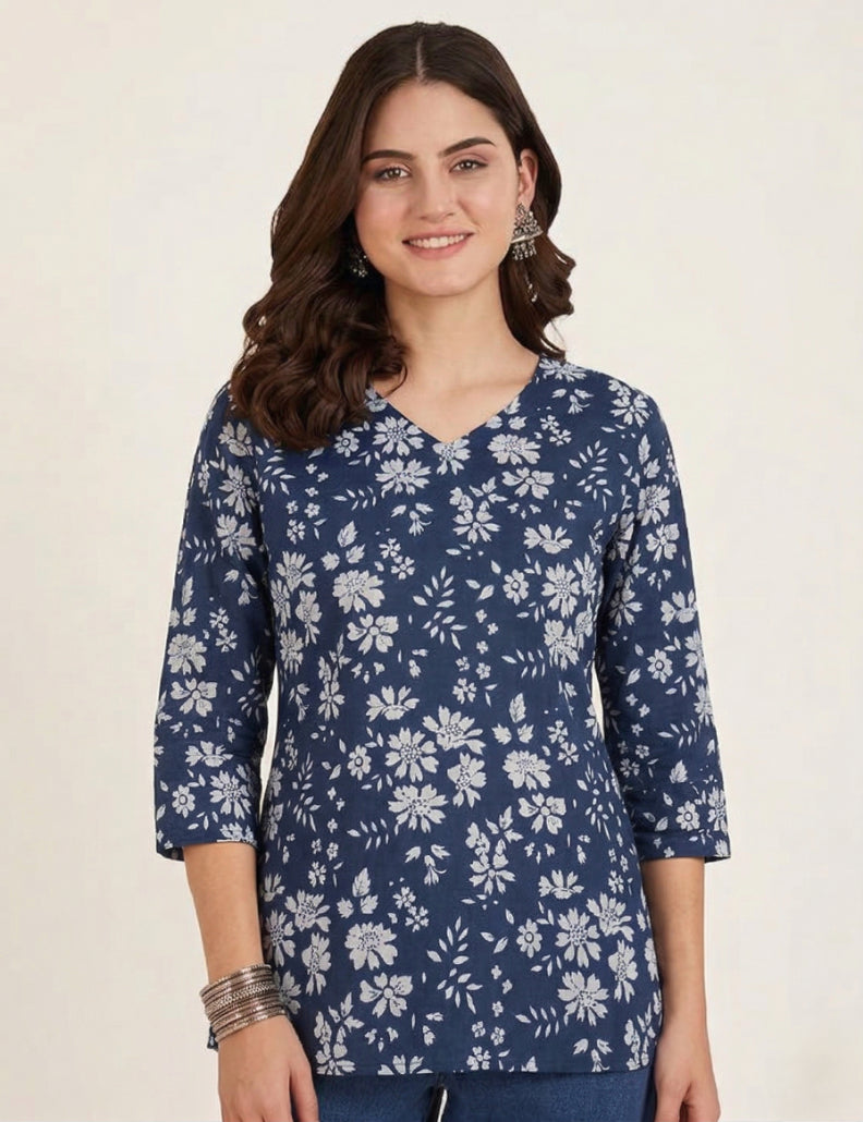 Navy Blue White Floral Printed 3/4 Sleeves V-Neck Short Kurti