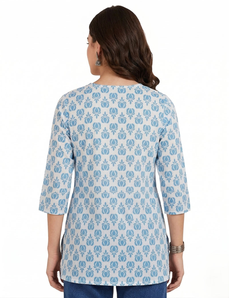 White Blue Floral Booti Printed 3/4 Sleeves Round Neck Short Kurti