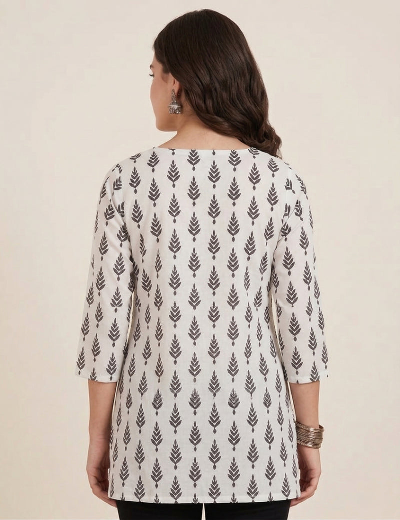 White Black Leaf Printed 3/4 Sleeves Square Neck Short Kurti