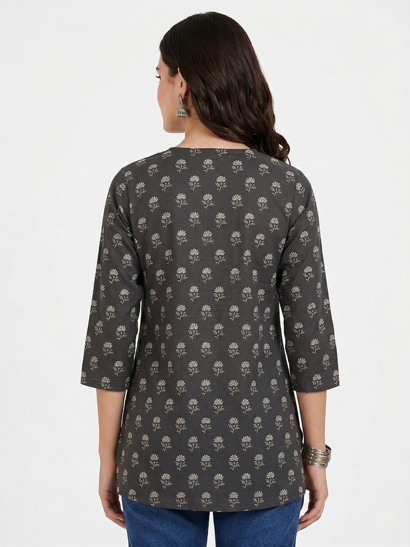 Black White Floral Booti Printed 3/4 Sleeves V-Neck Short Kurti