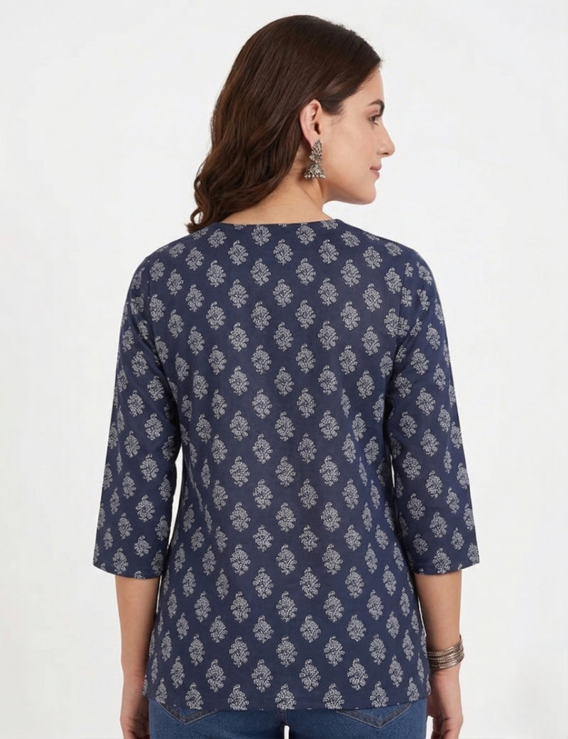 Navy Blue White Booti Printed 3/4 Sleeves V-Neck Short Kurti