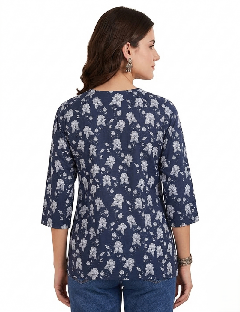 Navy Blue White Floral Printed 3/4 Sleeves Short Kurti