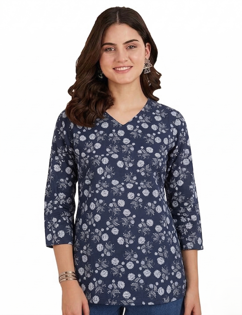Navy Blue White Floral Printed 3/4 Sleeves V-Neck Short Kurti