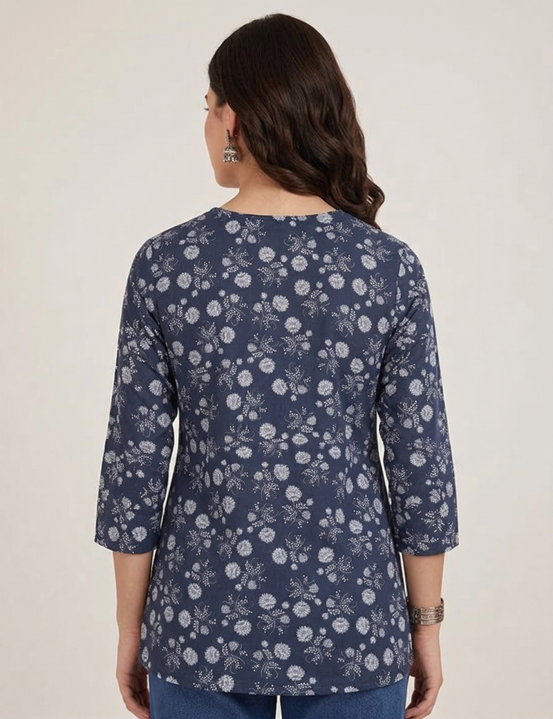 Navy Blue White Floral Printed 3/4 Sleeves V-Neck Short Kurti