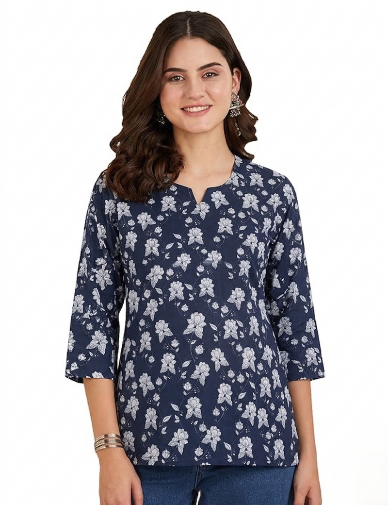 Navy Blue White Floral Printed 3/4 Sleeves Short Kurti