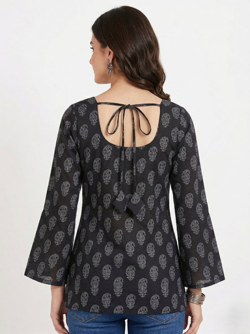 Black Paisley Print Bell Sleeve Square Neck Short Kurti