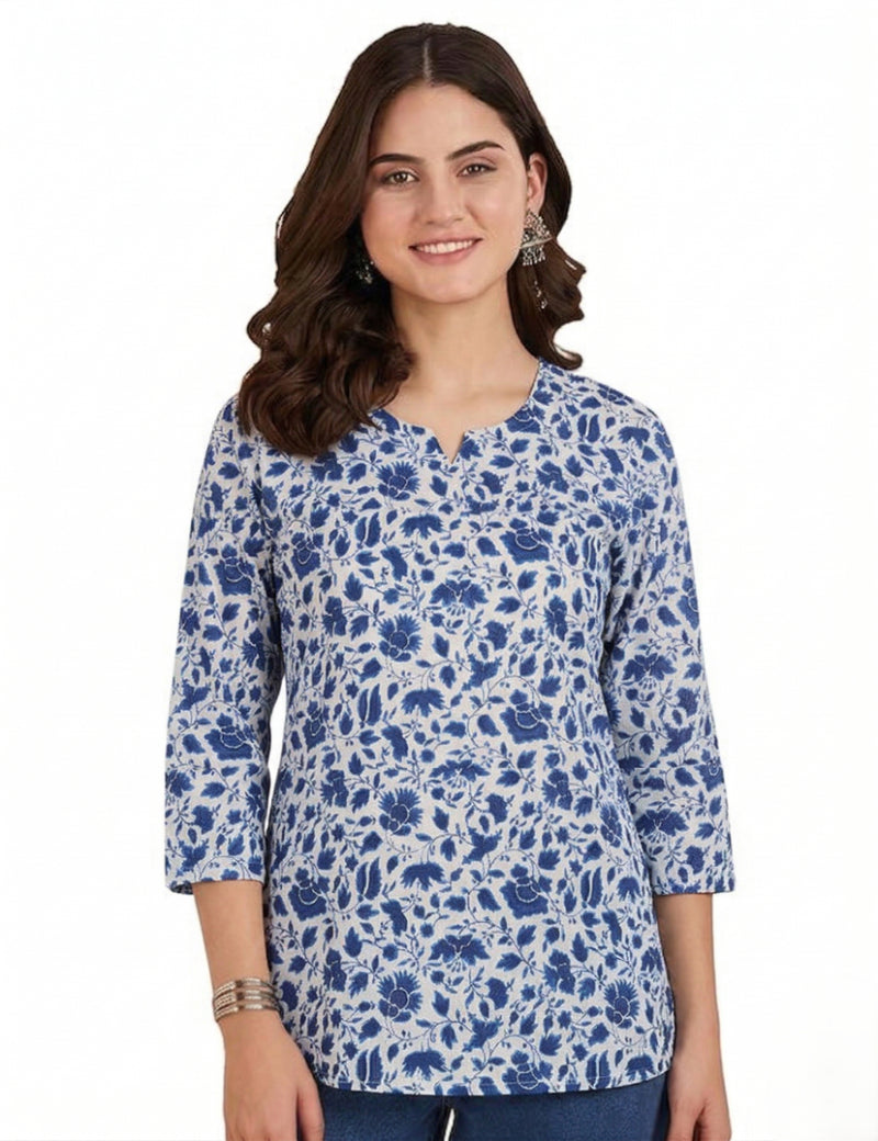 White Blue Floral Printed 3/4 Sleeves Short Kurti