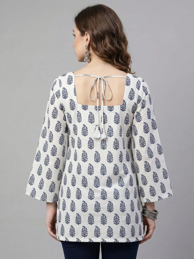 White Blue Paisley Print Bell Sleeves Square Neck Short Kurti