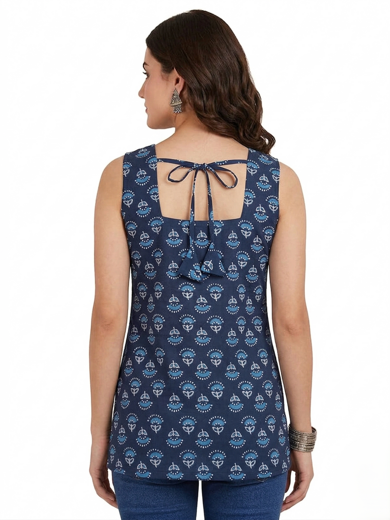 Navy Blue Floral Booti Printed Sleeveless Square Neck Short Kurti