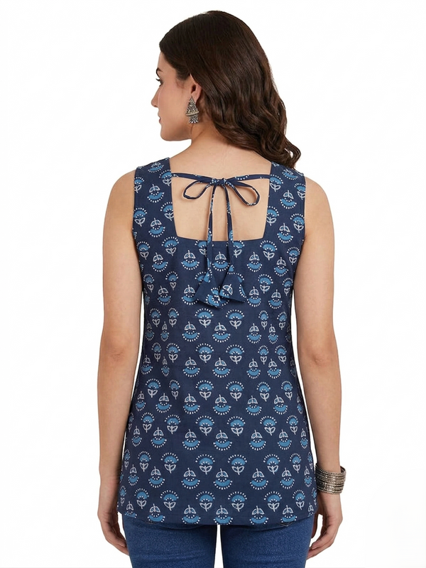 Navy Blue Floral Booti Printed Sleeveless Square Neck Short Kurti