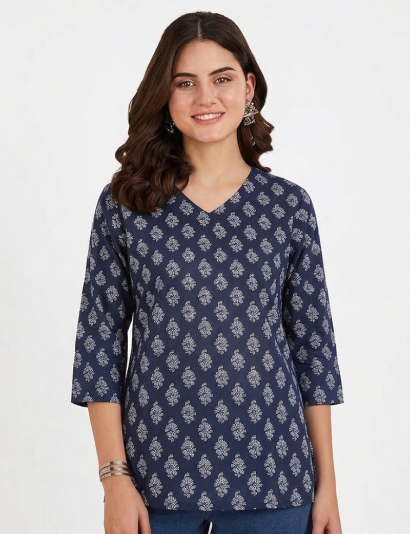 Navy Blue White Booti Printed 3/4 Sleeves V-Neck Short Kurti