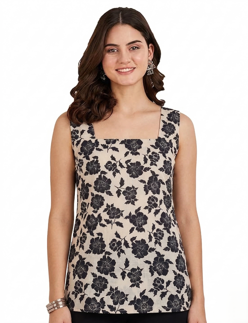 Beige Black Floral Printed Sleeveless Square Neck Short Kurti