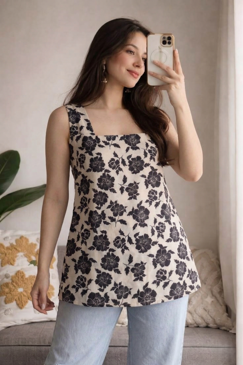 Beige Black Floral Printed Sleeveless Square Neck Short Kurti