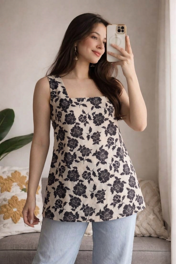 Women's Printed Short Kurti Cotton, Sleeveless, Soft & Comfortable