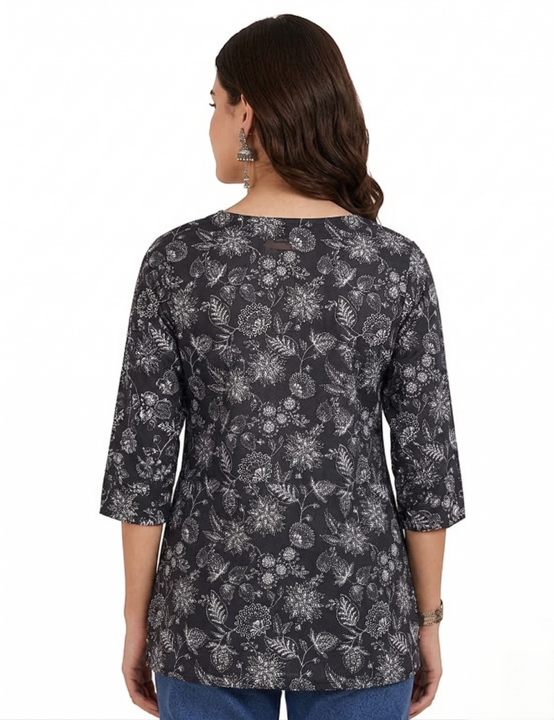 Black White Floral Printed 3/4 Sleeves Square Neck Short Kurti