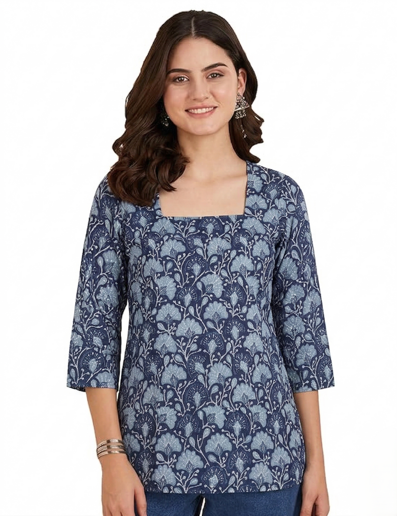 Navy Blue Floral Printed 3/4 Sleeves Square Neck Short Kurti
