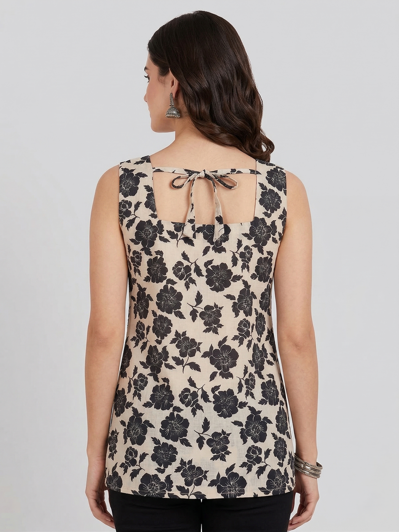 Beige Black Floral Printed Sleeveless Square Neck Short Kurti