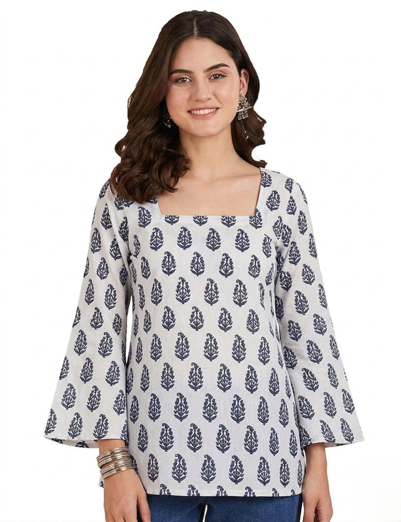 White Blue Paisley Print Bell Sleeves Square Neck Short Kurti