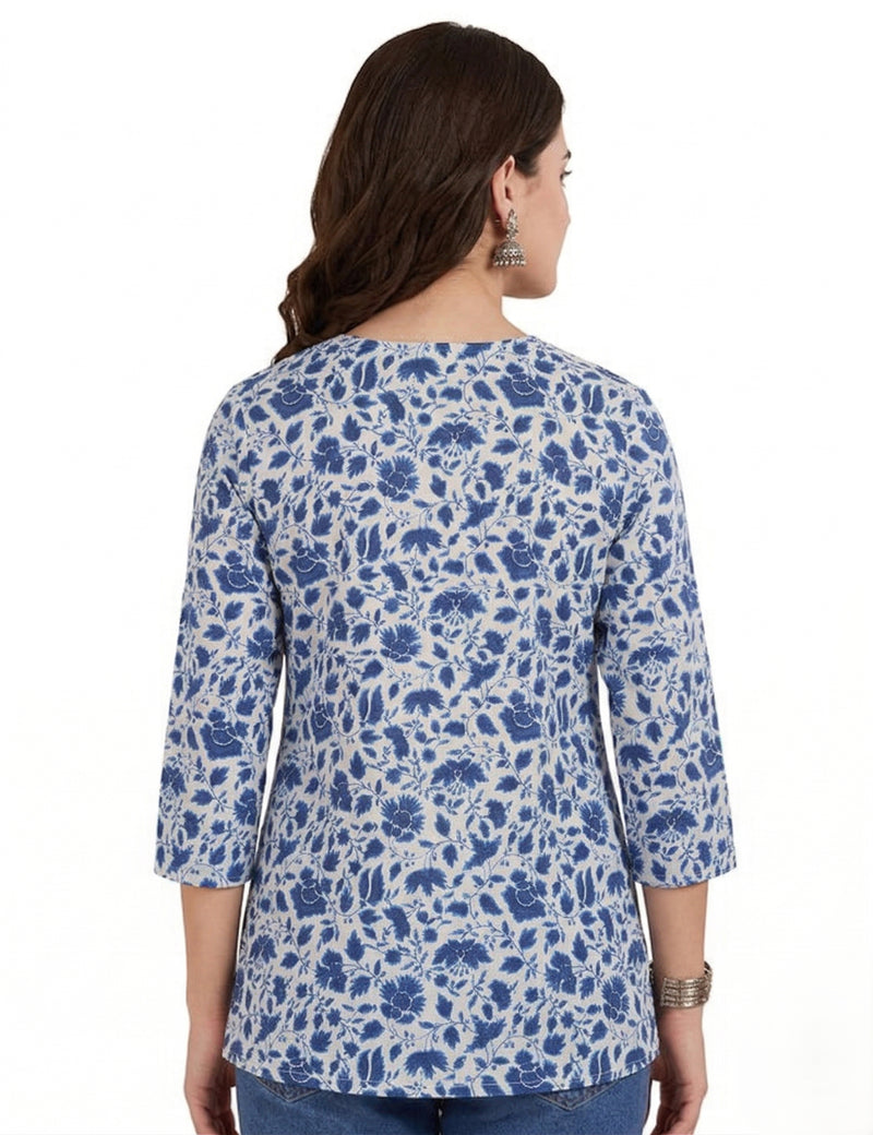 White Blue Floral Printed 3/4 Sleeves Short Kurti