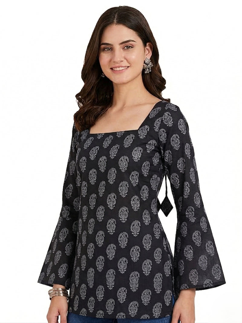 Black Paisley Print Bell Sleeve Square Neck Short Kurti