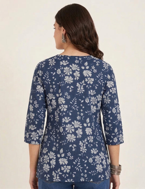 Navy Blue White Floral Printed 3/4 Sleeves V-Neck Short Kurti