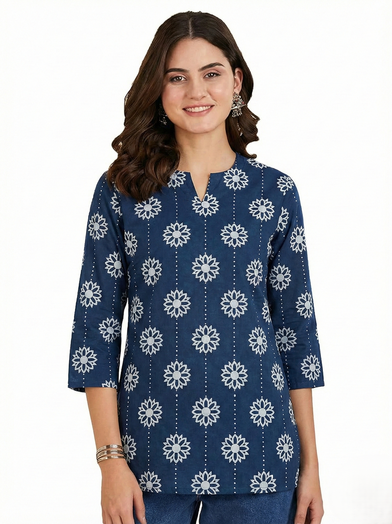 Navy Blue White Daisy Booti Printed 3/4 Sleeves Short Kurti