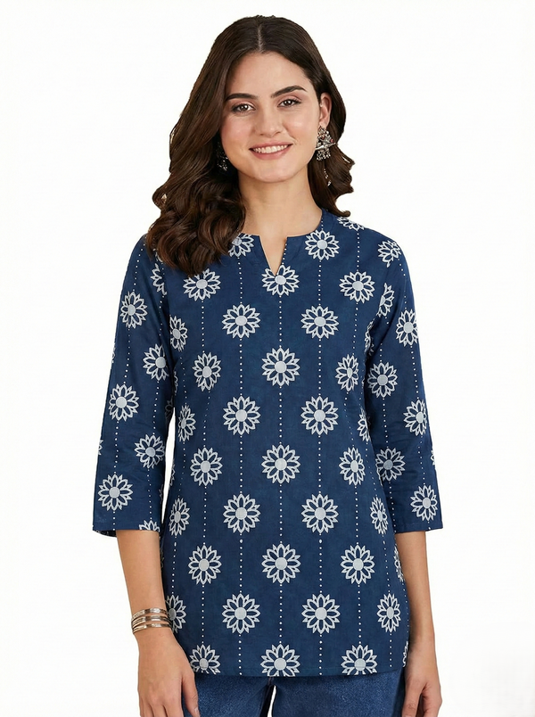 Women's Printed Short Kurti, 3/4 Sleeve, Cotton, Soft & Comfortable