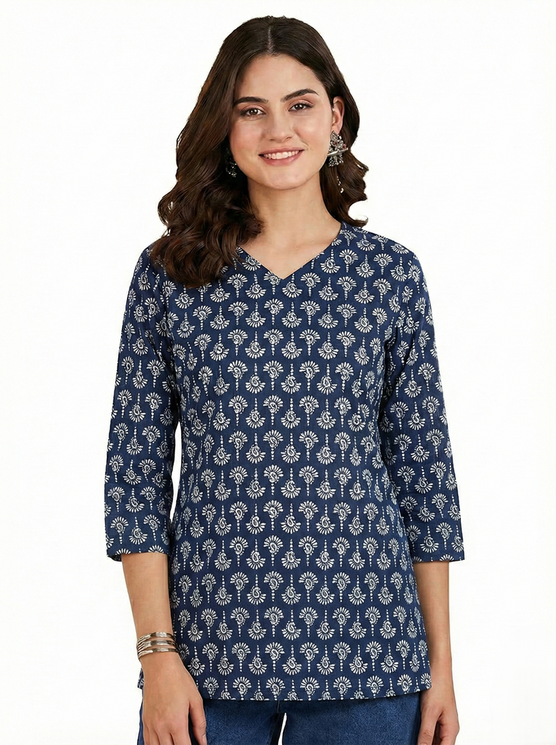 Navy Blue White Paisley Booti Printed 3/4 Sleeves V-Neck Short Kurti