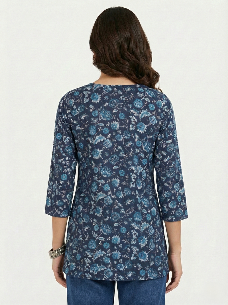 Navy Blue Floral Printed 3/4 Sleeves Square Neck Short Kurti