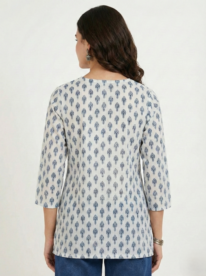 White Blue Booti Printed 3/4 Sleeves Short Kurti