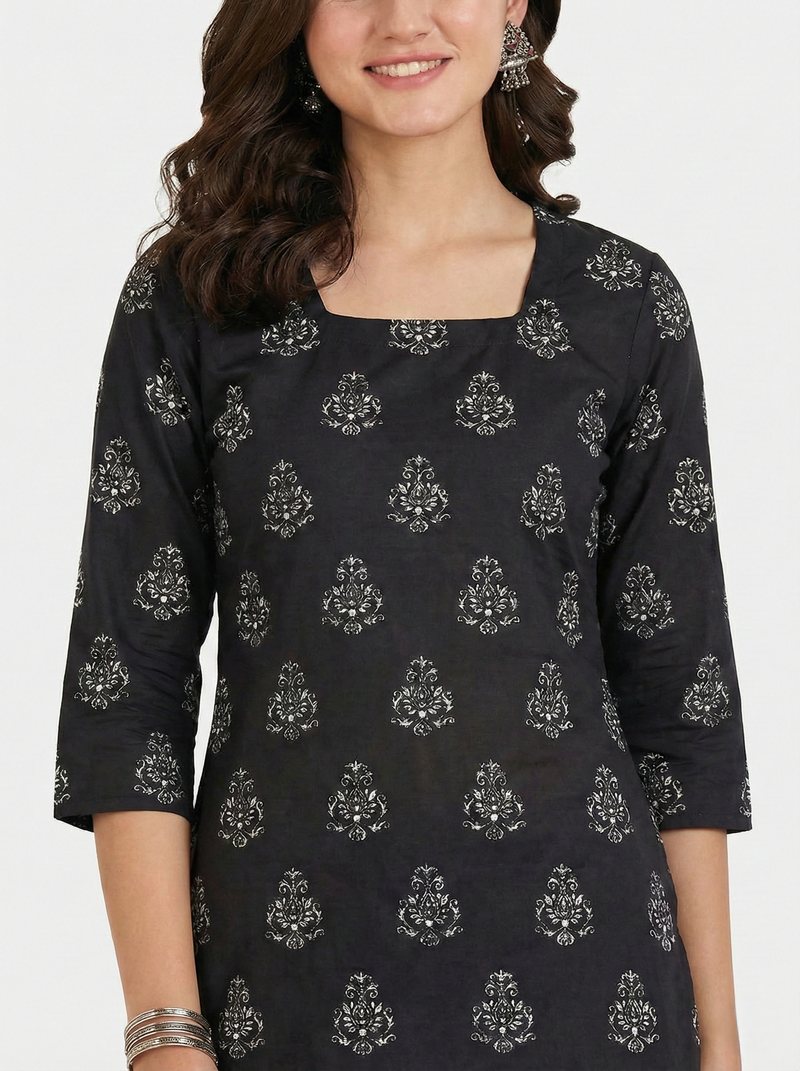 Black White Booti Printed 3/4 Sleeves Square Neck Kurti