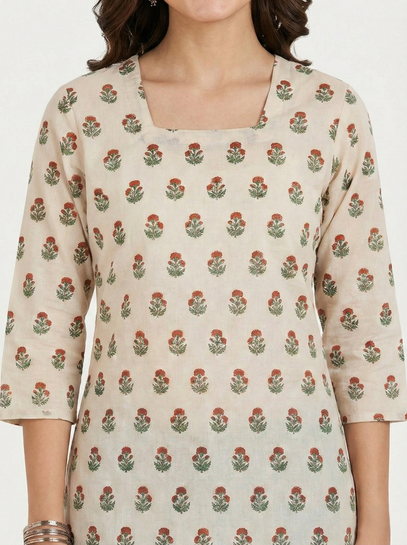 Cream Red Green Floral Booti Printed 3/4 Sleeves Square Neck Short Kurti
