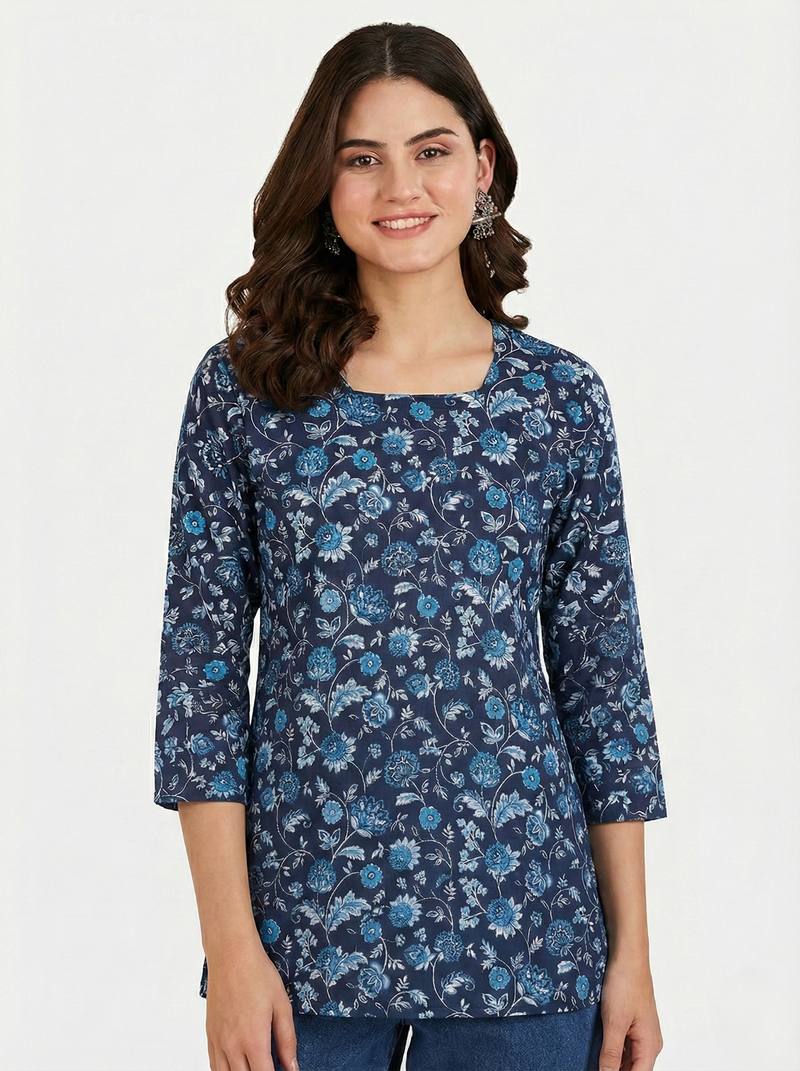 Navy Blue Floral Printed 3/4 Sleeves Square Neck Short Kurti