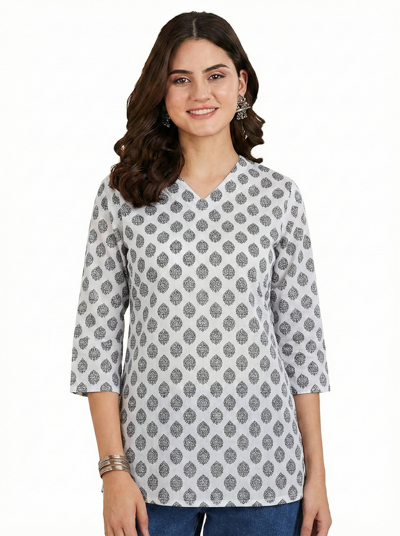 White Black Booti Printed 3/4 Sleeves V-Neck Short Kurti Top